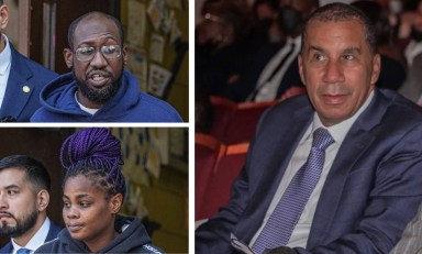 Travor Nurse (top left) and Diamond Minter (bottom left) were arrested on Oct. 7, 2024 in connection with the Upper East Side assault of former Gov. David Paterson (right) and his stepson.