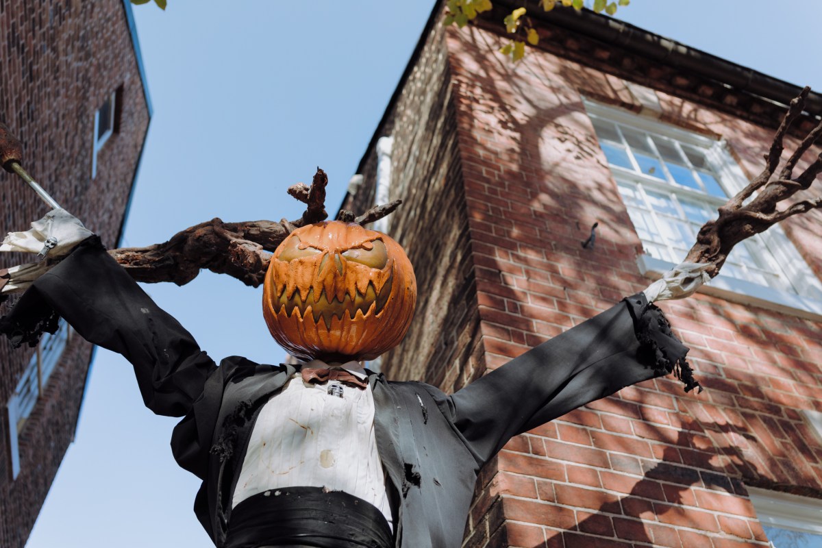 Low angle view of pumpkin scarecrow Halloween decor outside of townhouse