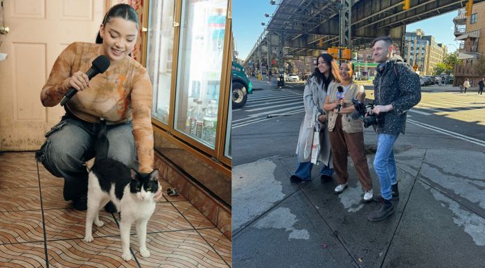 (left) Michelladonna with a cat, (right) Alice Ma, Michelladonna and Drew Rosenthal