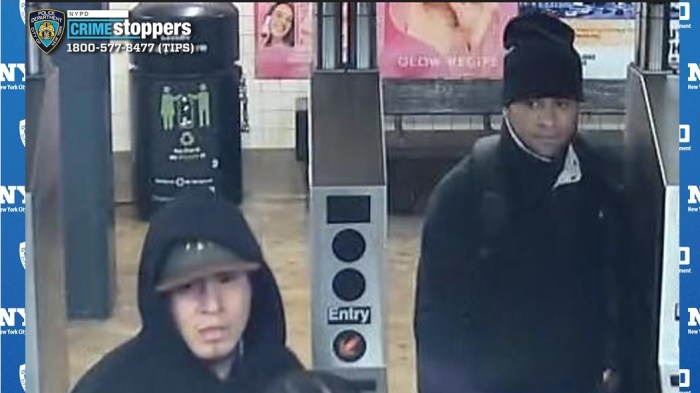 Two Queens brutes who choked and robbed a man on Thanksgiving night at a subway station remain at large, police reported.