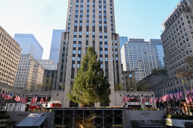 The 2024 Rockefeller Center Christmas Tree, a 74-foot tall, 11-ton Norway Spruce from West Stockbridge, MA, stands before it is decorated in front of 30 Rockefeller Plaza, Saturday, Nov. 09, 2024, in New York. The Rockefeller Center Christmas Tree Lighting Ceremony will take place on Wednesday, Dec. 4.