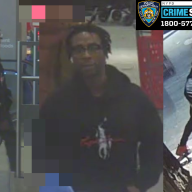 suspect wearing dark hooded sweatshirt who allegedly knocked down a woman on the Upper East Side