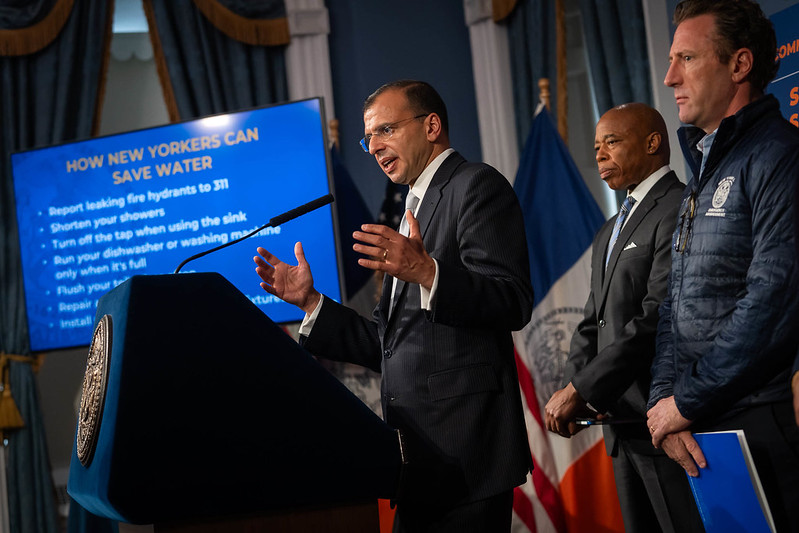 Rit Aggarwala, the city's Department of Environmental Protection commissioner, urges New Yorkers to conserve water as the city enters a 'drought watch.'