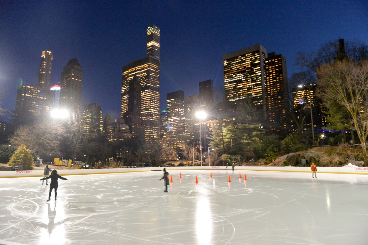 Wollman Rink at night with city skyline in the back