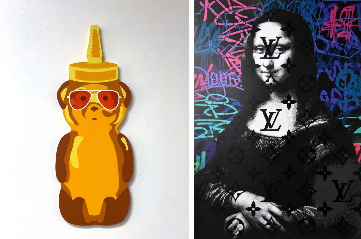 Aviator Bear by fnnch (l.); LV Mona Lisa by Campbell La Pun. Both artists are featured at Art Miami 2024.