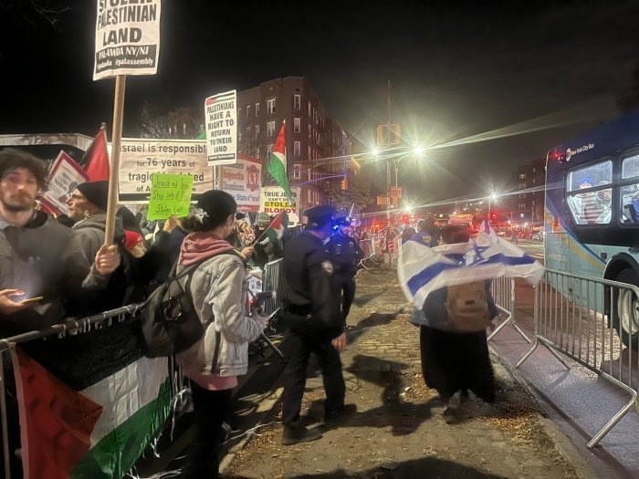 pro-Palestine protest in Brooklyn and counter protest in Brooklyn at night