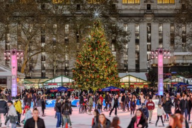 The Christmas Tree overlooking The Rink at Bank of America Winter Village at Bryant Park NYC.