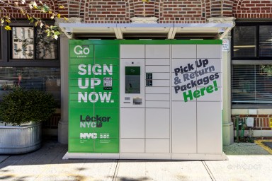 a locker on a sidewalk part of NYC public locker program for deliveries