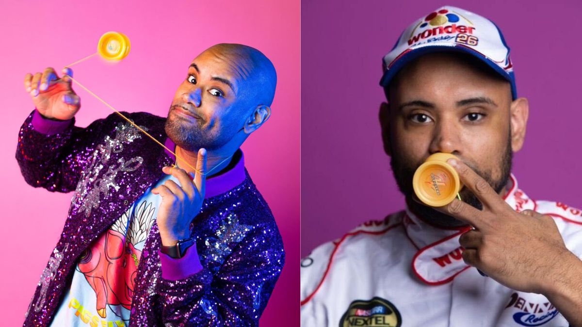 Two photos of Richard Pigkaso side by side, left him playing with a yoyo, right him holding a yoyo to his mouth