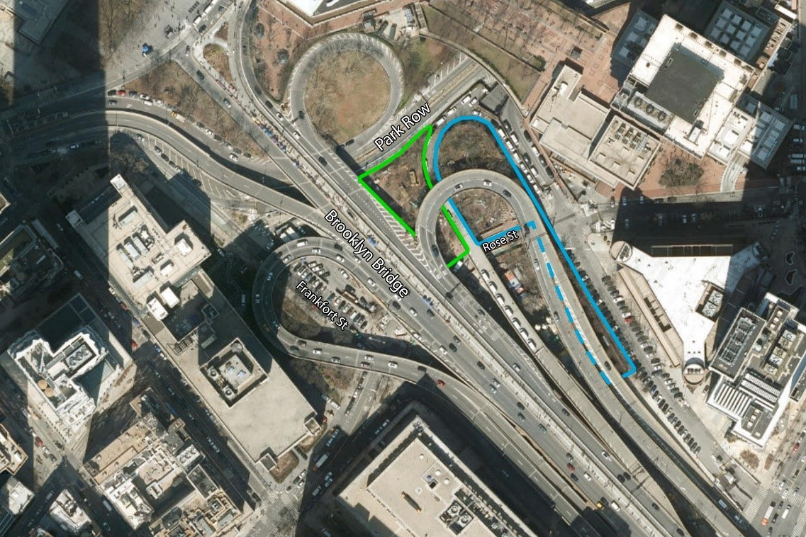    The area of “The Arches,” outlined in green, opening to the public today. Blue outlined section opened to the public last year. Credit: NYC DOT
