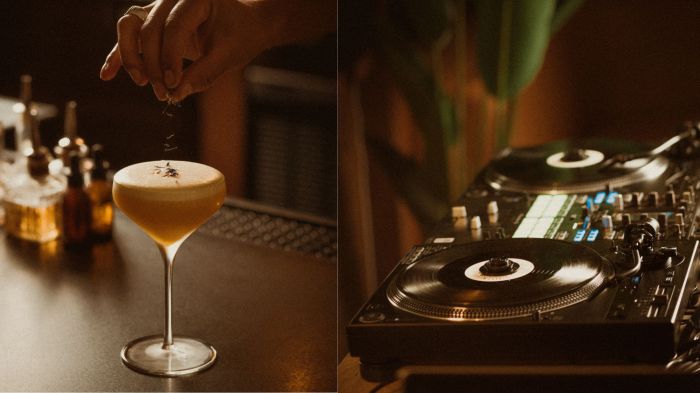 a cocktail and vinyl record DJ equipment at Wallflower