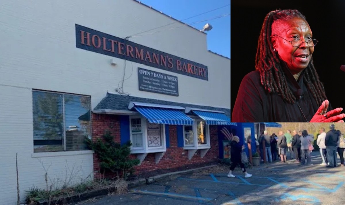 Whoopi Goldberg inset in front of Staten Island Bakery