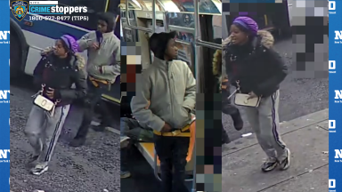 photos of a man and woman exiting a bus after they allegedly shot two people in a Brooklyn subway station