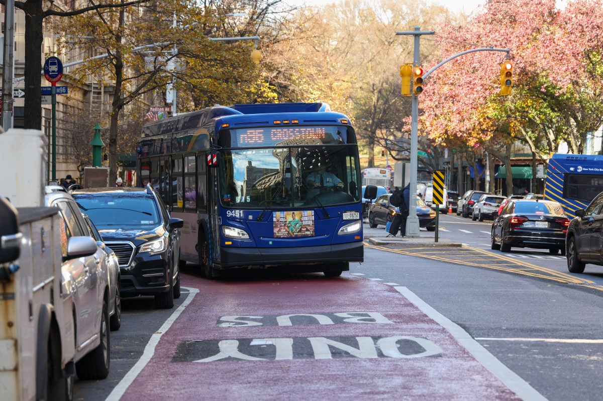 A bus on the new bus lane along 96th Street in Manhattan, one of many street safety improvements