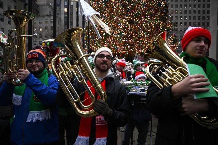 tuba players at tuba christmas in rockefeller center