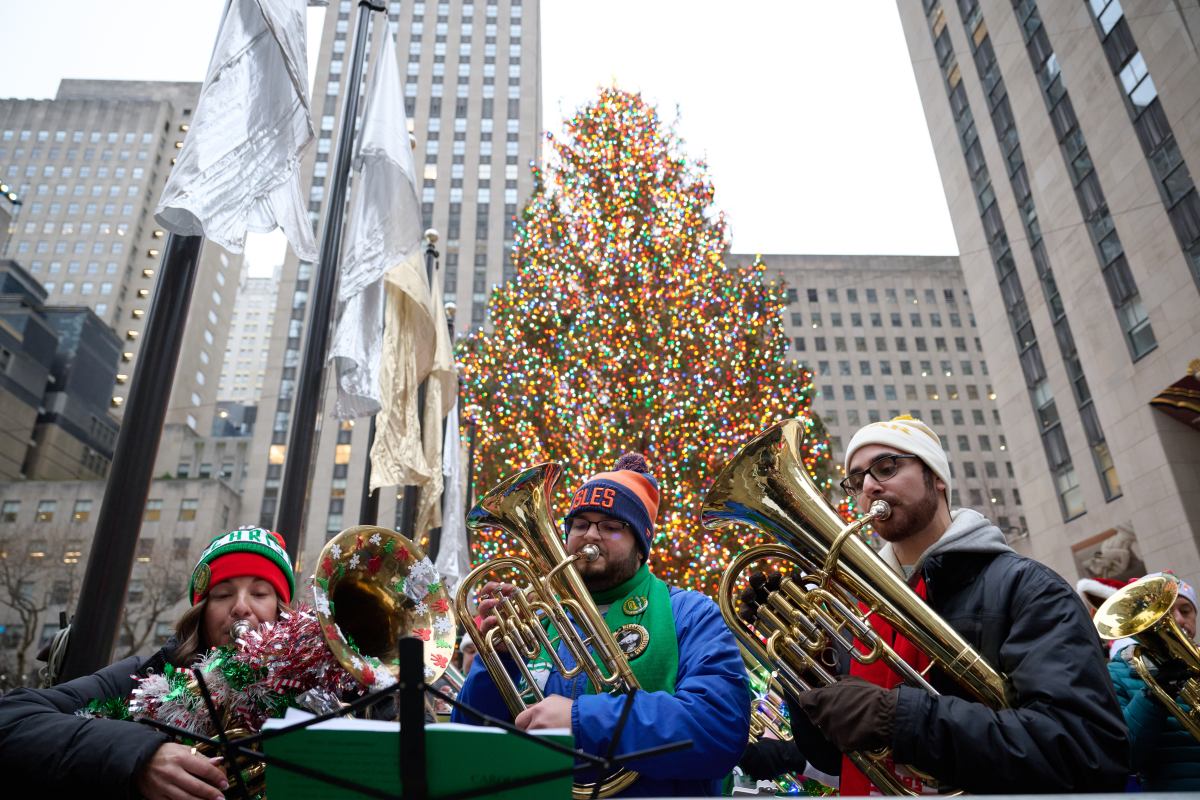 Tuba and euphonium players gathered at Rockefeller Center for Tuba Christmas.