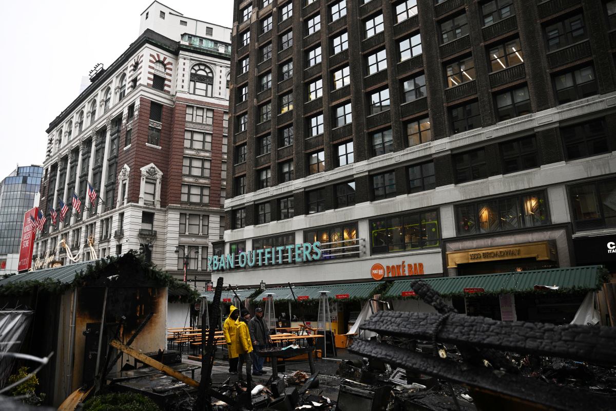 A fire heavily damaged the Herald Square Holiday Market.