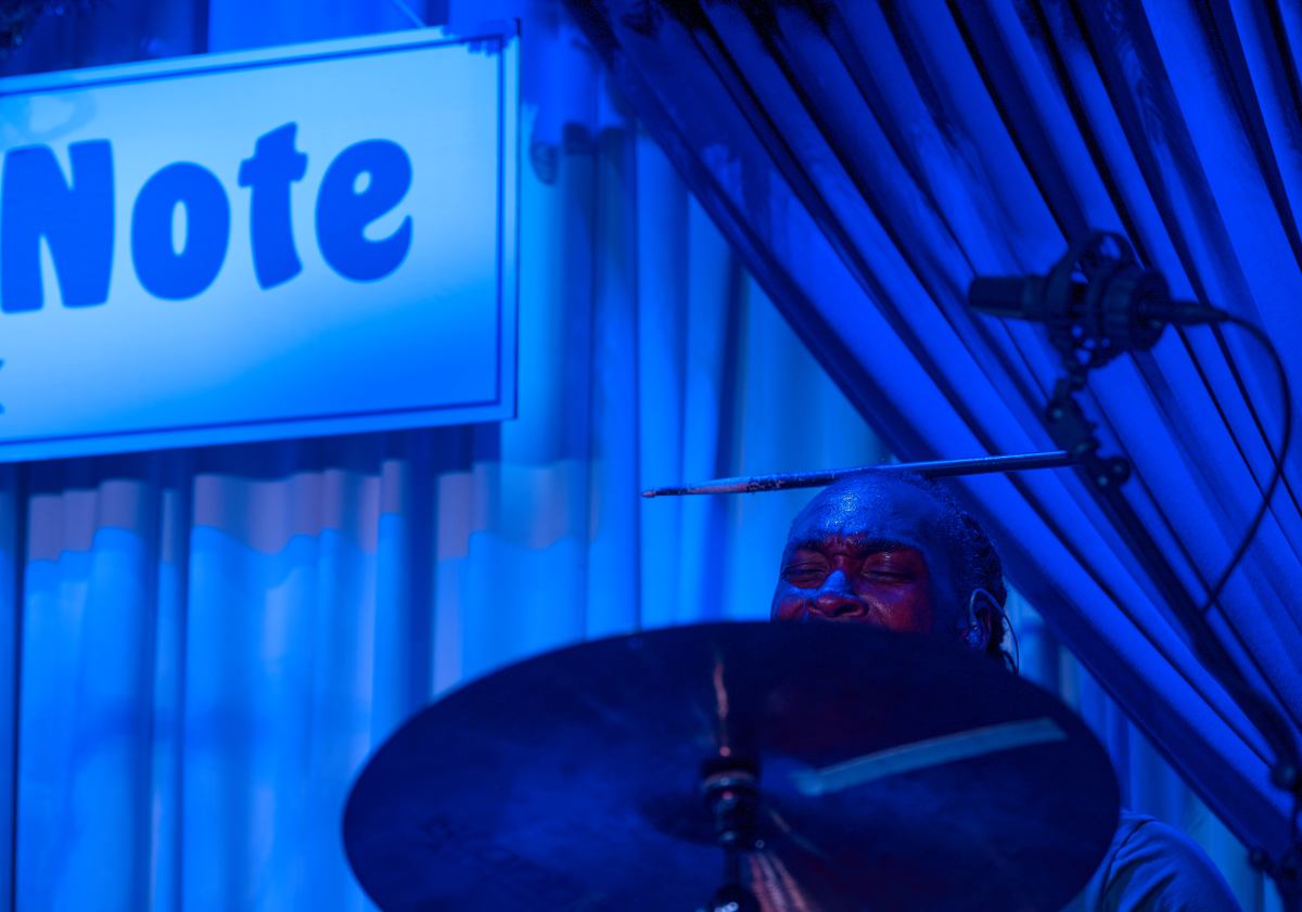 Drummer Lee Pearson performs with a drum stick on his head while trmpeter Chris Botti performs his holiday residincy at Blue Note on December 10.