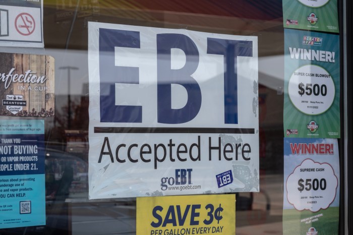 Peru - Circa April 2023: EBT Accepted Here sign. Participants in SNAP and TANF may access their benefits using a Electronic Benefit Transfer card.