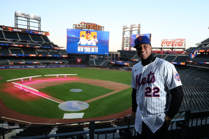 Juan Soto poses at Citi Field after Mets introductory press conference