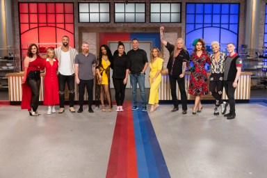 Co-Hosts Jeff Mauro and Antonia Lofaso, Heroes Trinity the Tuck, Adam Rippon, Sebastian Bach, Frankie Grande and Cheryl Burke, Villains Corinne Olympios, Rachel Reilly, Bartise Bowden, Tiffany Pollard and Wes Bergmann, as seen on Worst Cooks in America, Season 28, Heroes Vs Villains.