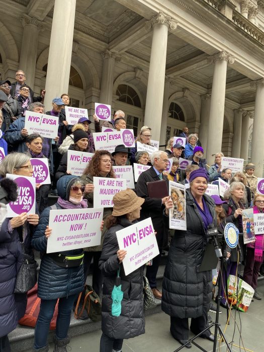 people on the steps of City Hall in NYC supporting a bill for registration of e-bikes in NYC