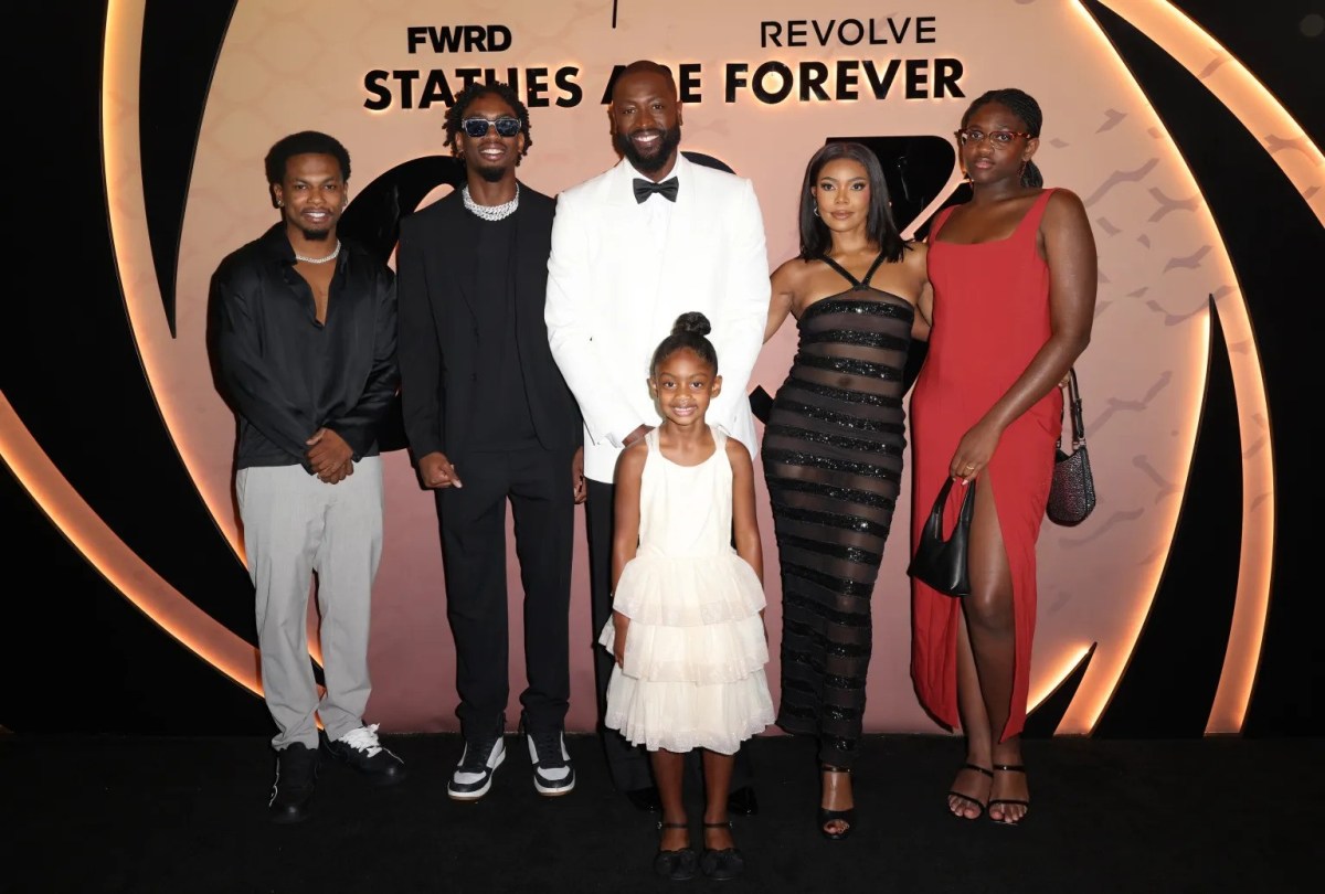 Dwyane Wade and Gabrielle Union with Dahveon Morris, Zaire Wade, Kaavia Wade and Zaya Wade at Dwyane Wade’s 003 Statues Are Forever Party With FWRD at Queen Miami Beach on October 25, 2024 in Miami Beach.