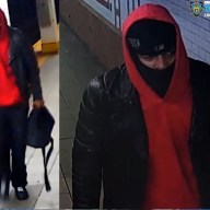 Surveillance photos of the suspect wanted for stabbing a man on the train in Manhattan.