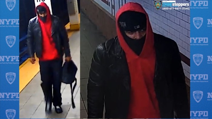 Surveillance photos of the suspect wanted for stabbing a man on the train in Manhattan.