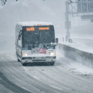 Express bus in snow on Staten Island