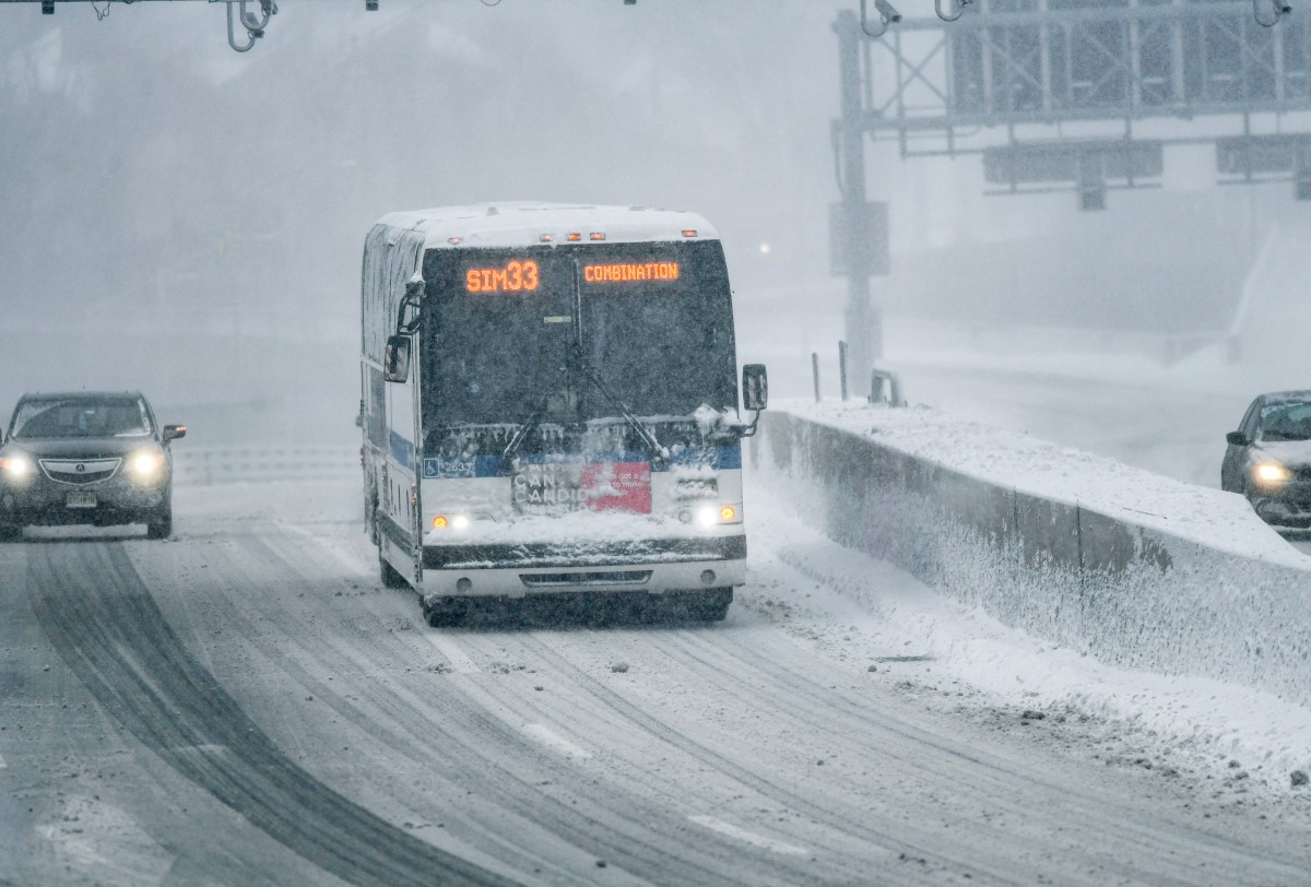 Express bus in snow on Staten Island