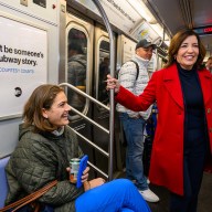 Gov. Kathy Hochul rides the subways in December 2024. The governor proposed expanding involuntary commitments of mentally ill people to stem violent incidents on the subways. Friday, Jan. 3, 2025.