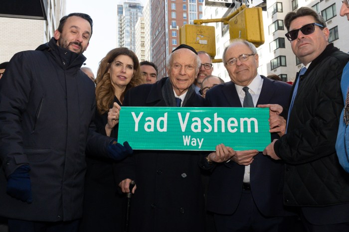 Councilmember Keith Powers, Senior Rabbi Schneier, Mark Levine, Jerry Naddler, Dani Dayan, and Ofir Akunis attend the street co-naming of the Yad Vashem Way.