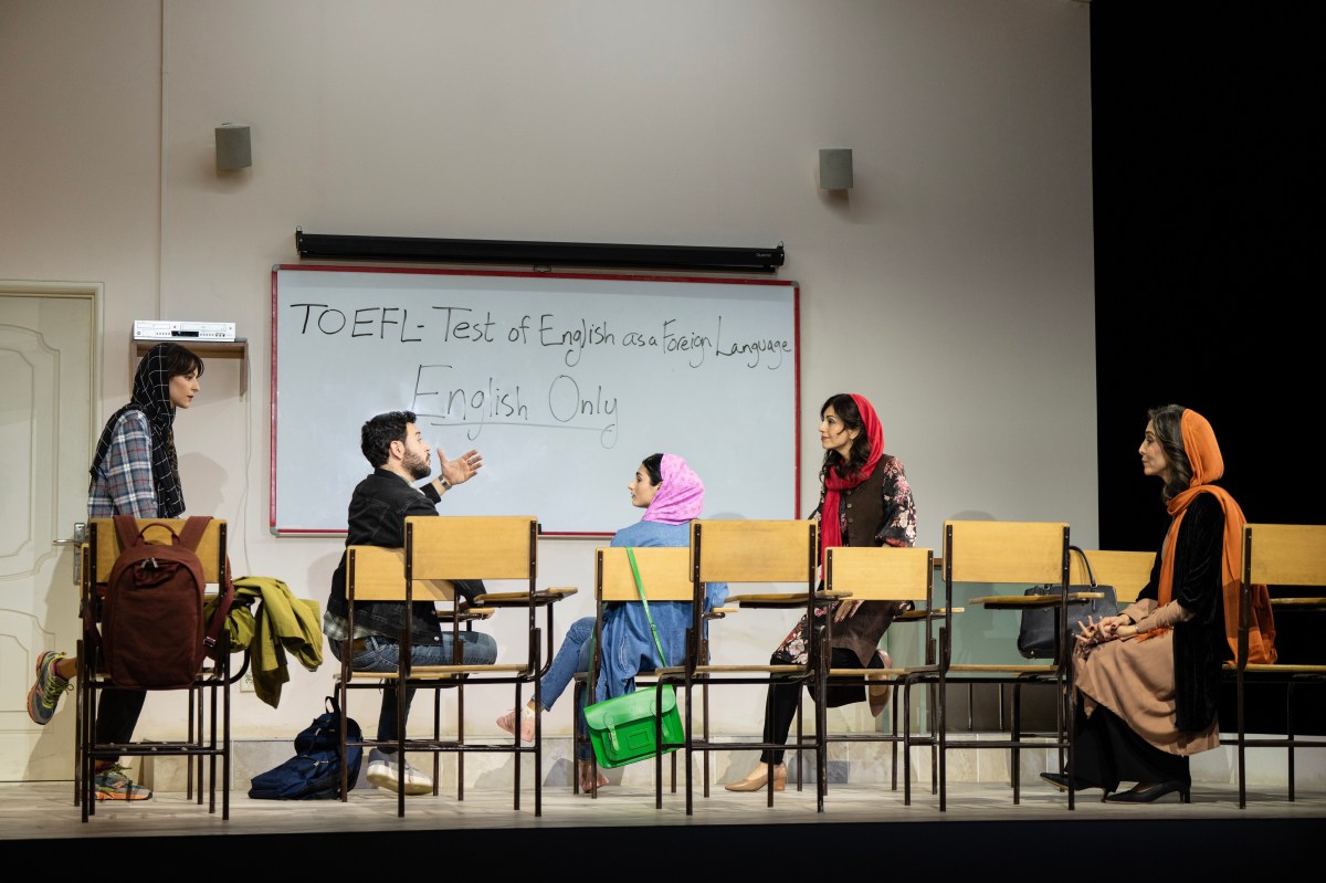 (l to r) Tala Ashe (Elham), Hadi Tabbal (Omid), Ava Lalezarzadeh (Goli), Marjan Neshat (Marjan), Pooya Mohseni (Roya) in Roundabout Theatre Company’s Broadway premiere production of “English.”