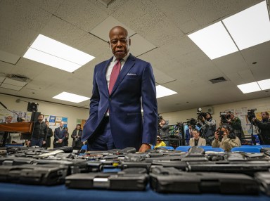 Mayor Eric Adams touted on Wednesday that over the course of his administration, the NYPD has taken some 20,000 illegal guns off the streets of the city as he heads into reelection season. 