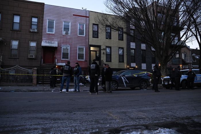 Detectives from the 83 Precinct and Homicide Detectives investigate a fatal stabbing at 1124 Halsey Street in Bushwick, Brooklyn on January. 23, 2025.