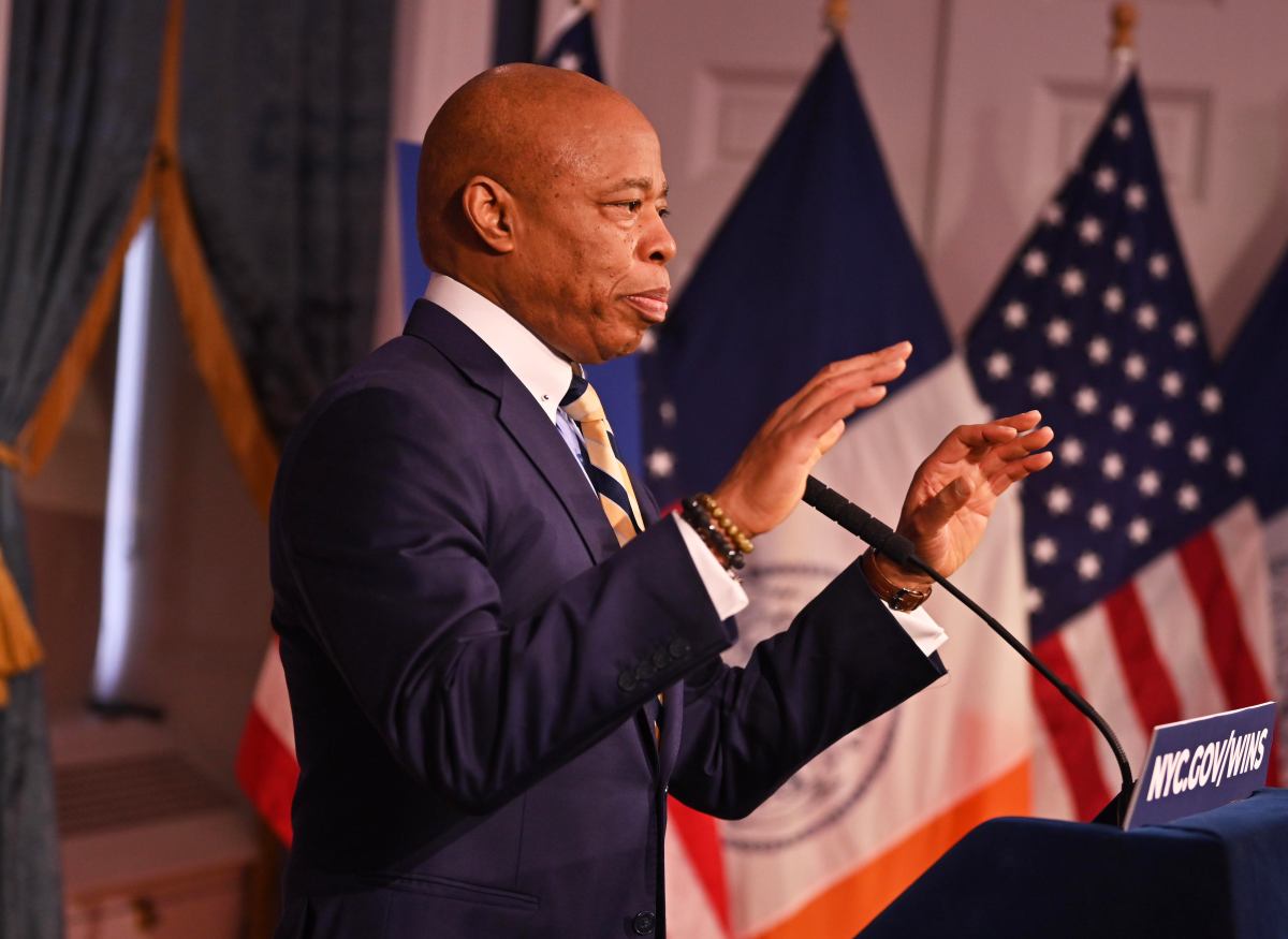 Mayor Eric Adams gestures while speaking about President Donald Trump on Jan. 21