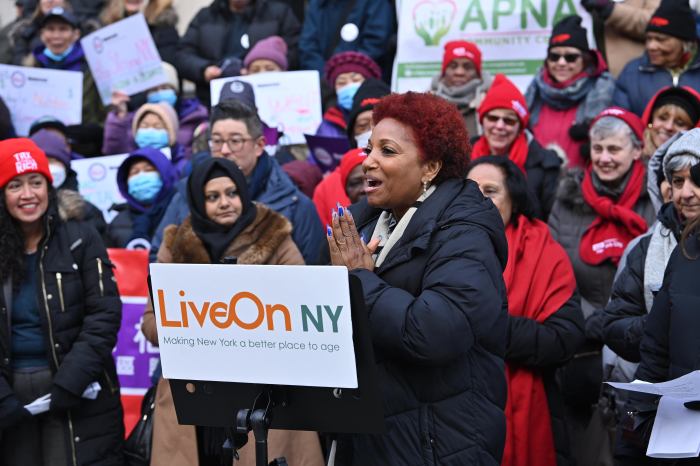 Council Member Mercedes Narcisse speaks out at the rally alongside senior New Yorkers and older adult advocates.