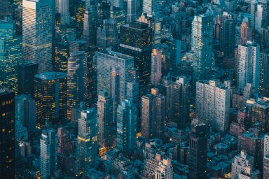 Aerial view of New York City skyline at night