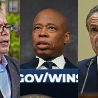 Former Comptroller Scott Stringer (left), Mayor Eric Adams (center), and former Gov. Andrew Cuomo (right).