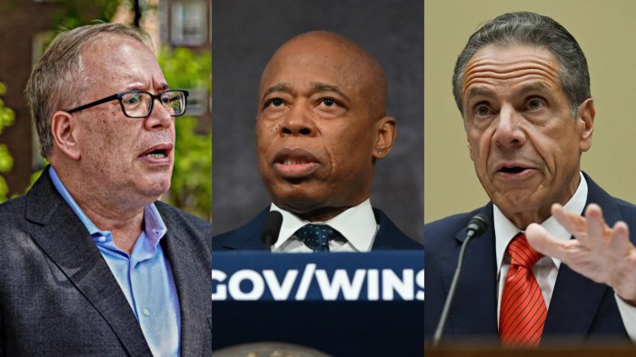 Former Comptroller Scott Stringer (left), Mayor Eric Adams (center), and former Gov. Andrew Cuomo (right).