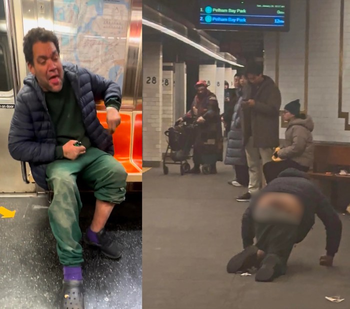 A mentally disturbed man in obvious need of medical assistance was left wallowing in his own filth on a Manhattan subway on Sunday while also sending straphangers running in panic — a reminder of the city's continued struggle to address the severely mentally ill in the subway system. (Part of image blurred for content)