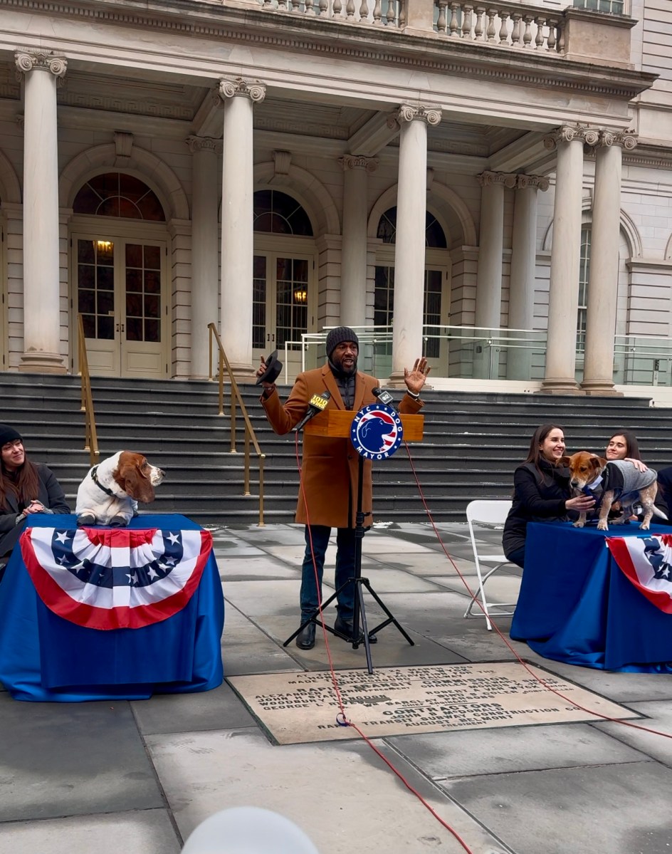 Jumaane Williams at the dog mayor inauguration with Sally Long Dog and Simon the Basset-Cattle Dog.