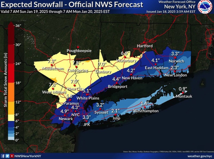 Expected snowfall totals around the New York City area on Jan. 19, 2025.