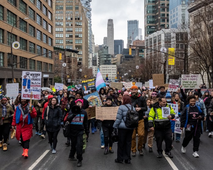 New Yorkers participate in the People's March on Jan. 18, 2025 vowing to fight for democracy.