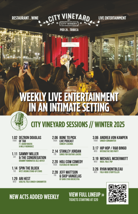 City Vineyard pairs their intimate shows with a new menu of food and drinks that can be enjoyed before, during, and after the shows.