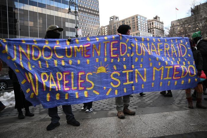 Protestors took to the streets of Manhattan to protest ICE, Donald Trump and Mayor Eric Adams on Thursday, Feb 13.