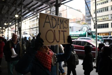 Protesters demand Gov. Kathy Hochul remove Mayor Eric Adams from office outside of her Midtown Manhattan office. Tuesday, Feb. 18, 2025.