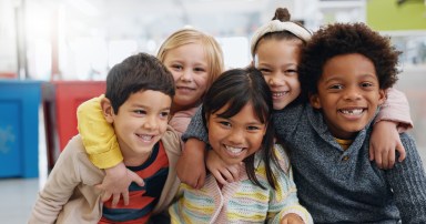 Science, portrait and group of kids with smile at convention, expo or exhibition with happiness. Student, children or face with smile at tradeshow or scientific conference for knowledge and education