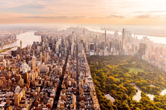 Manhattan skyline with Central Park at sunset, aerial view, New York City, USA